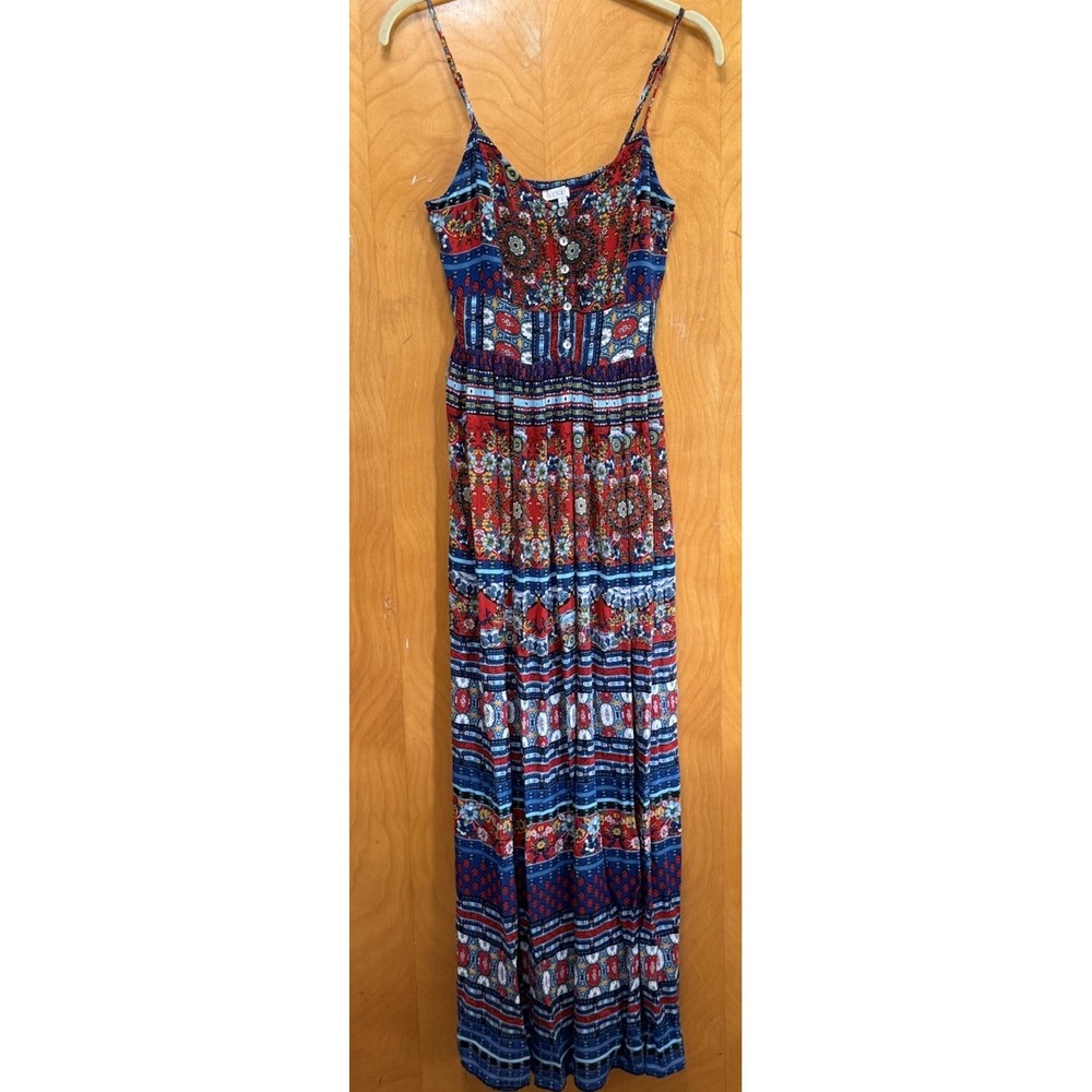 Patrons of Peace Spaghetti Strap Maxi Dress Mixed Floral Smocked Back Sz Small